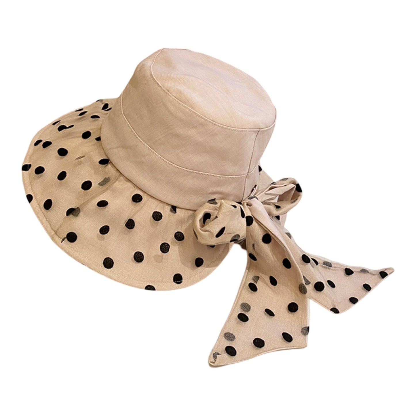 Sombrero de sol de ala ancha de lunares con detalle de lazo Elegante sombrero de cubo de verano