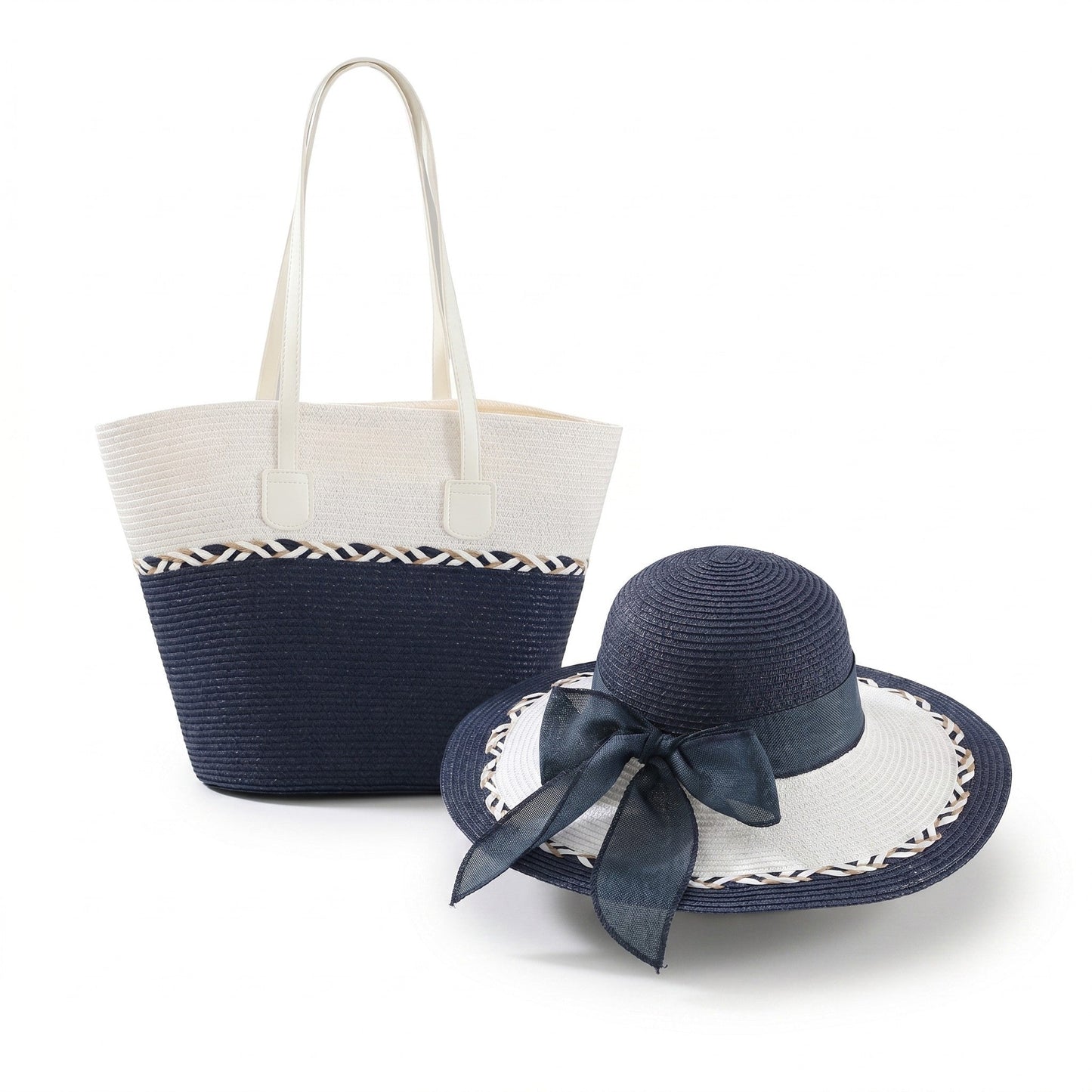 Conjunto de sombrero de sol de paja para mujer y bolso de mano de ala ancha Juego de verano para vacaciones en la playa