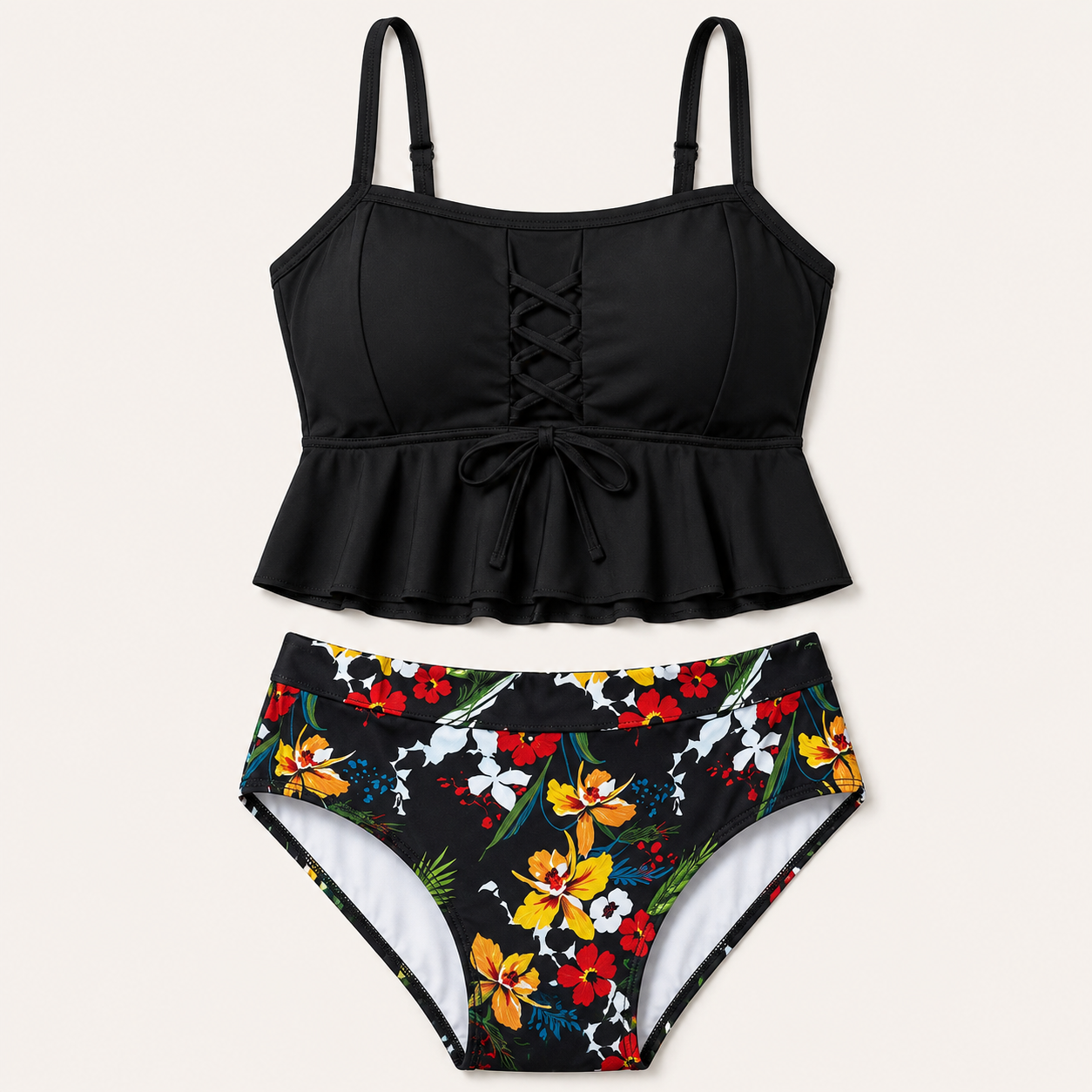 Bañador de dos piezas de Mara Swim: top tankini con volantes y cordones para mujer y braguita de bikini de cintura alta con estampado floral