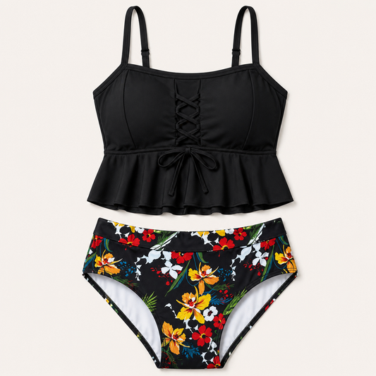 Bañador de dos piezas de Mara Swim: top tankini con volantes y cordones para mujer y braguita de bikini de cintura alta con estampado floral