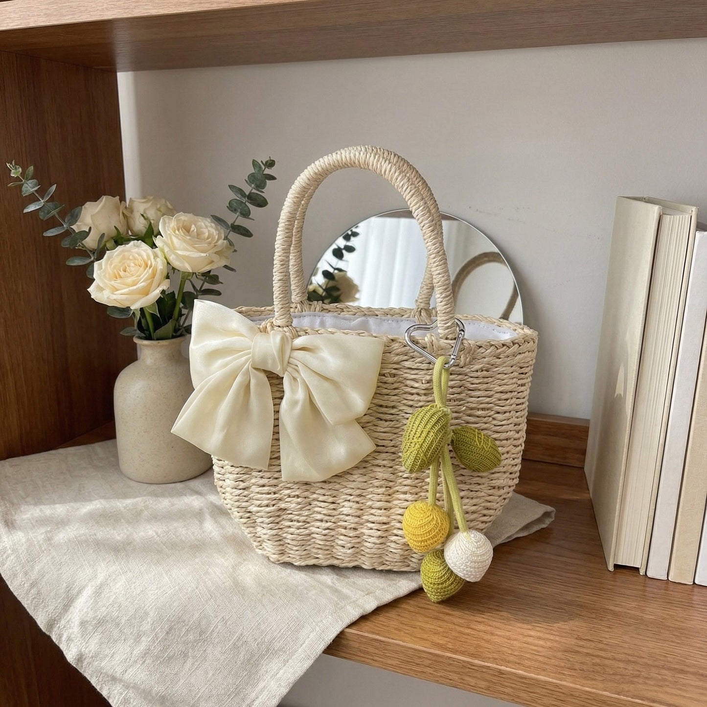 Bolso de mano con asa superior de paja para mujer
