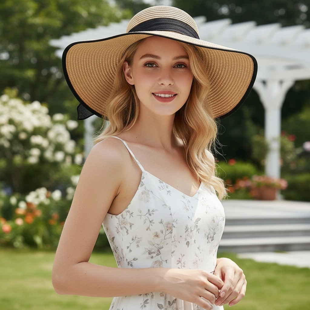 Sombrero de sol de paja de ala ancha para mujer
