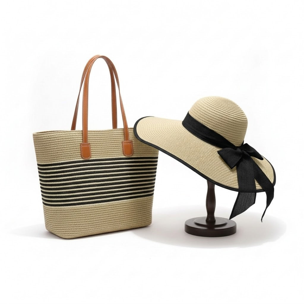 Sombrero de paja de ala ancha para mujer con bolsa de mano a juego