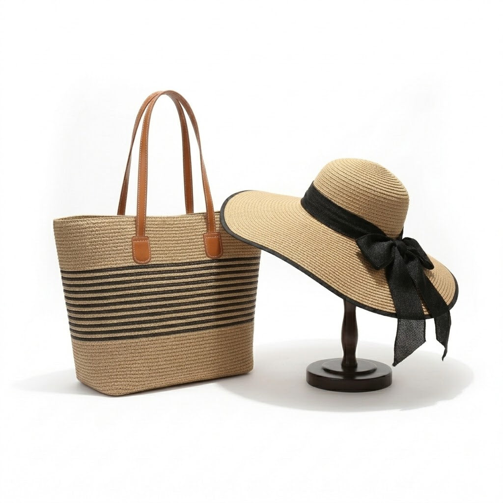 Sombrero de paja de ala ancha para mujer con bolsa de mano a juego