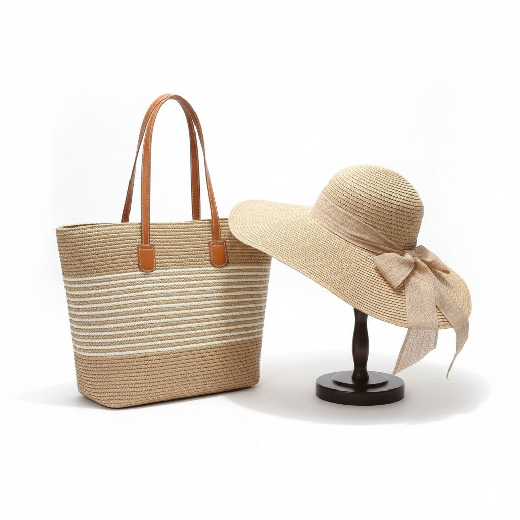 Sombrero de paja de ala ancha para mujer con bolsa de mano a juego