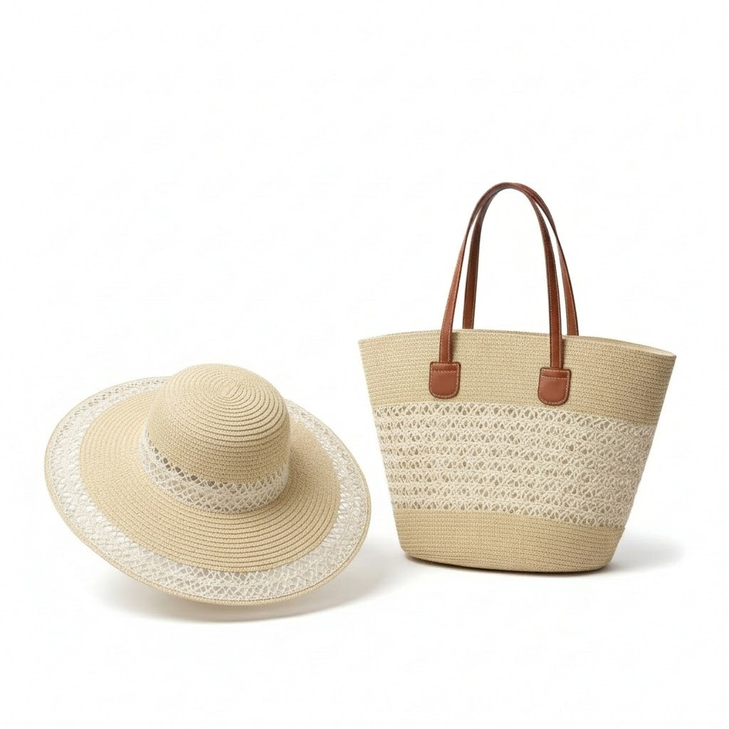 Conjunto de sombrero y bolso de sol de paja para mujer