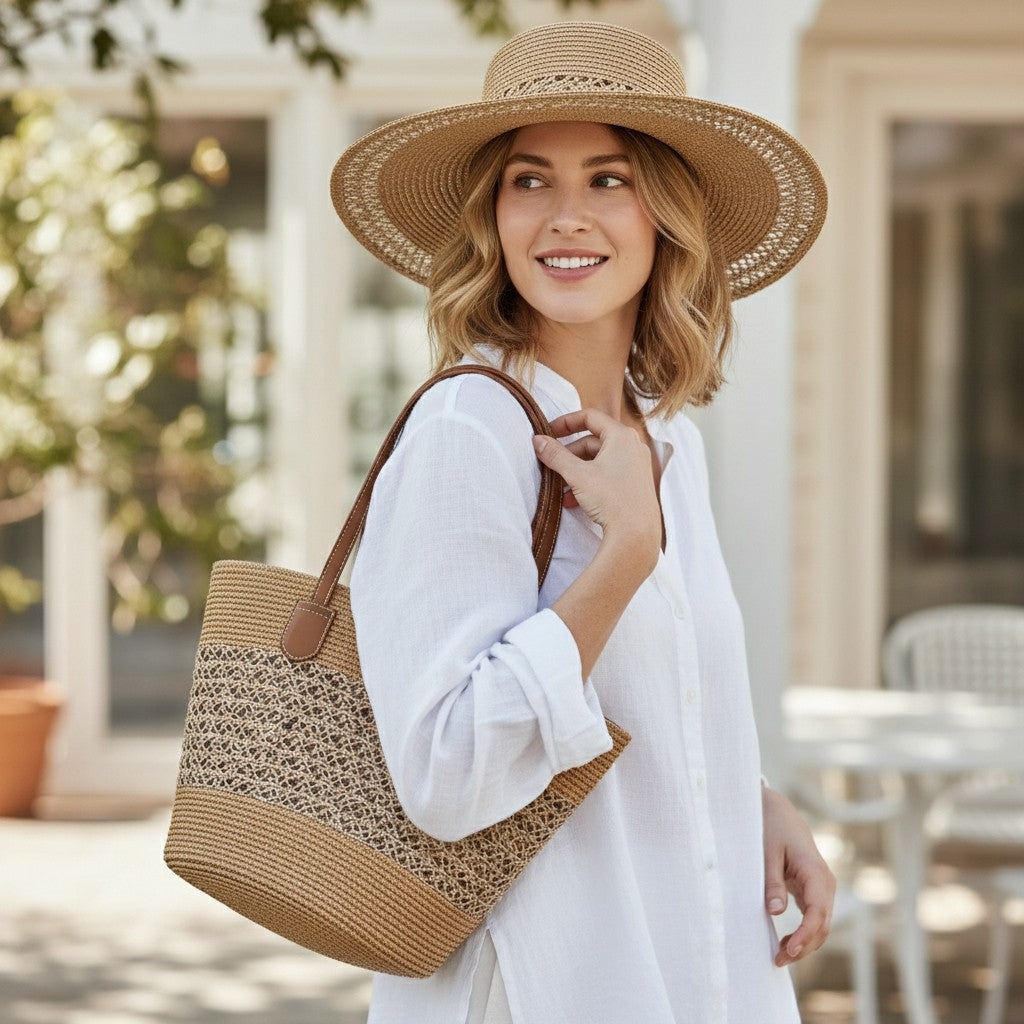 Conjunto de sombrero y bolso de sol de paja para mujer