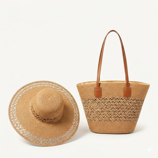 Conjunto de sombrero y bolso de sol de paja para mujer