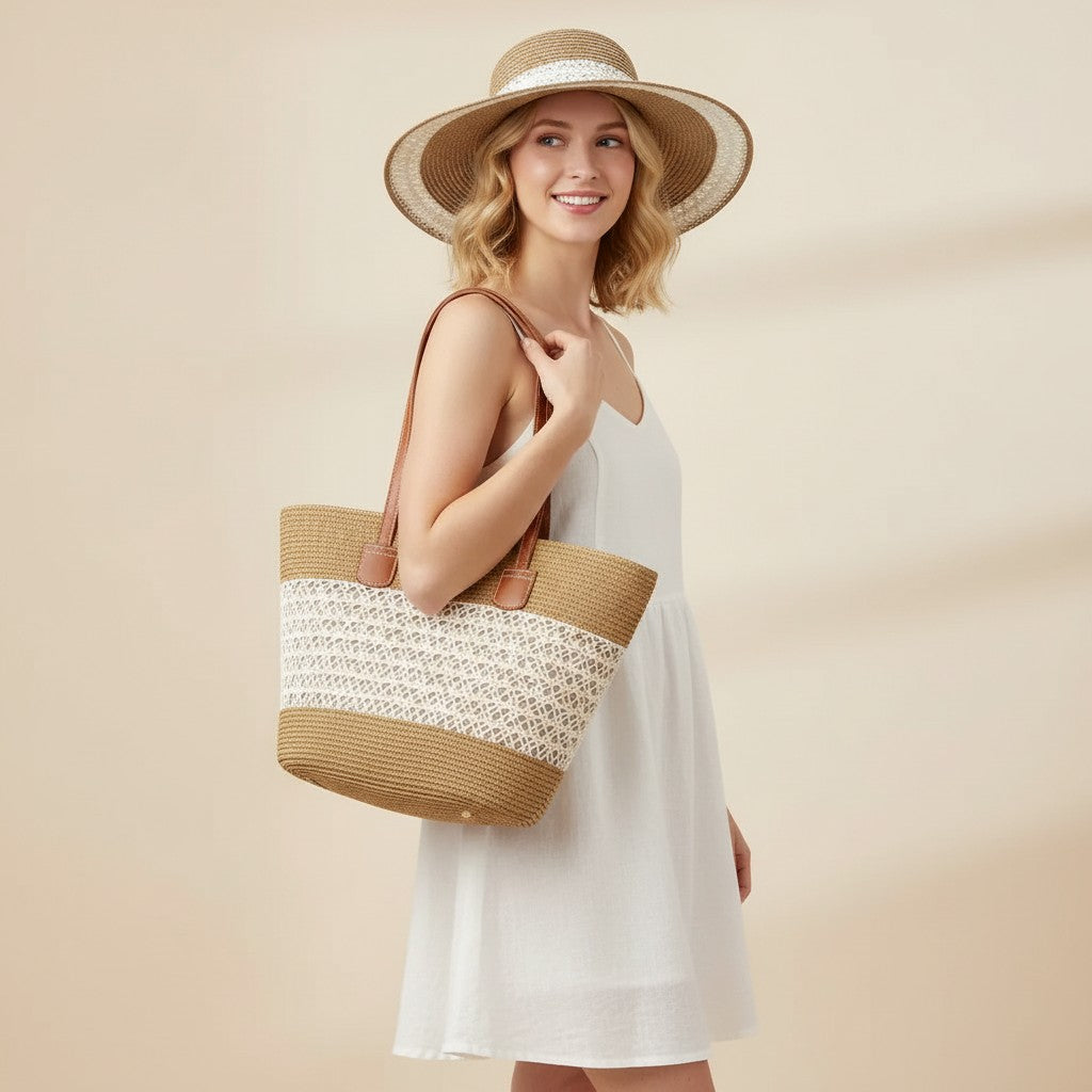 Conjunto de sombrero y bolso de sol de paja para mujer