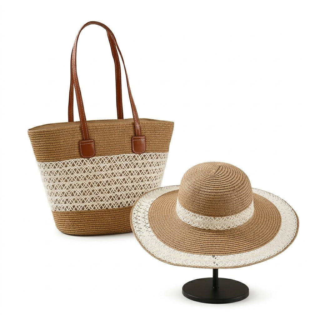 Conjunto de sombrero y bolso de sol de paja para mujer