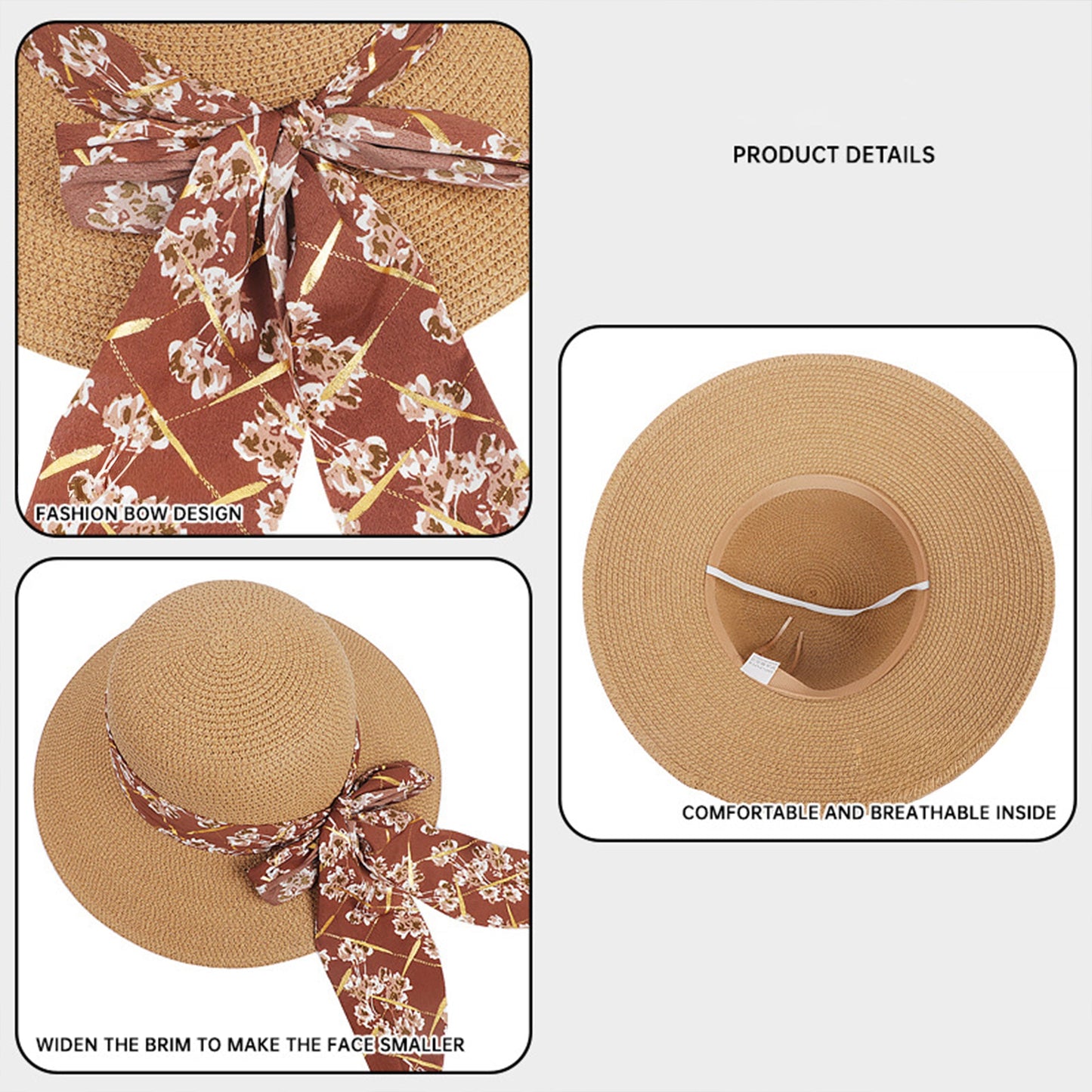 Sombrero de sol de paja de ala ancha para mujer
