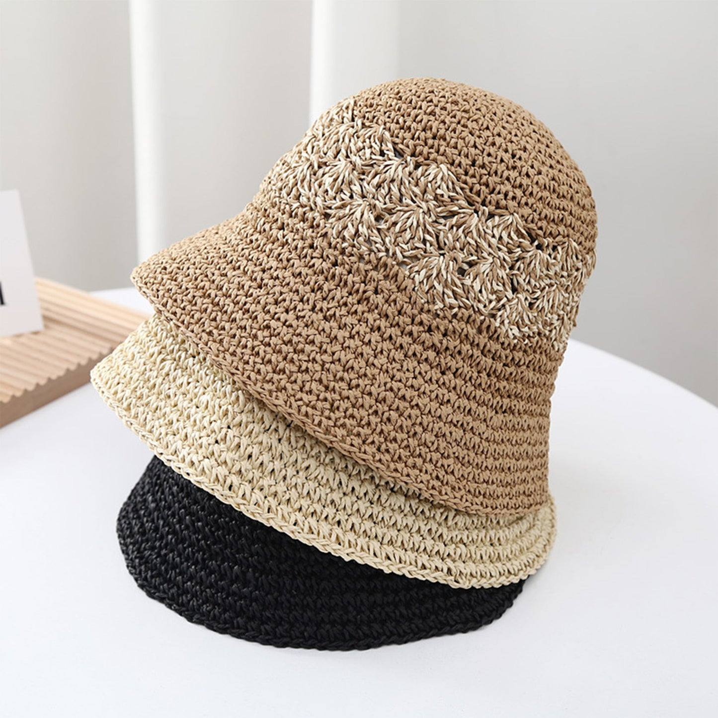 Sombrero de cubo de paja Tejido de punto transpirable