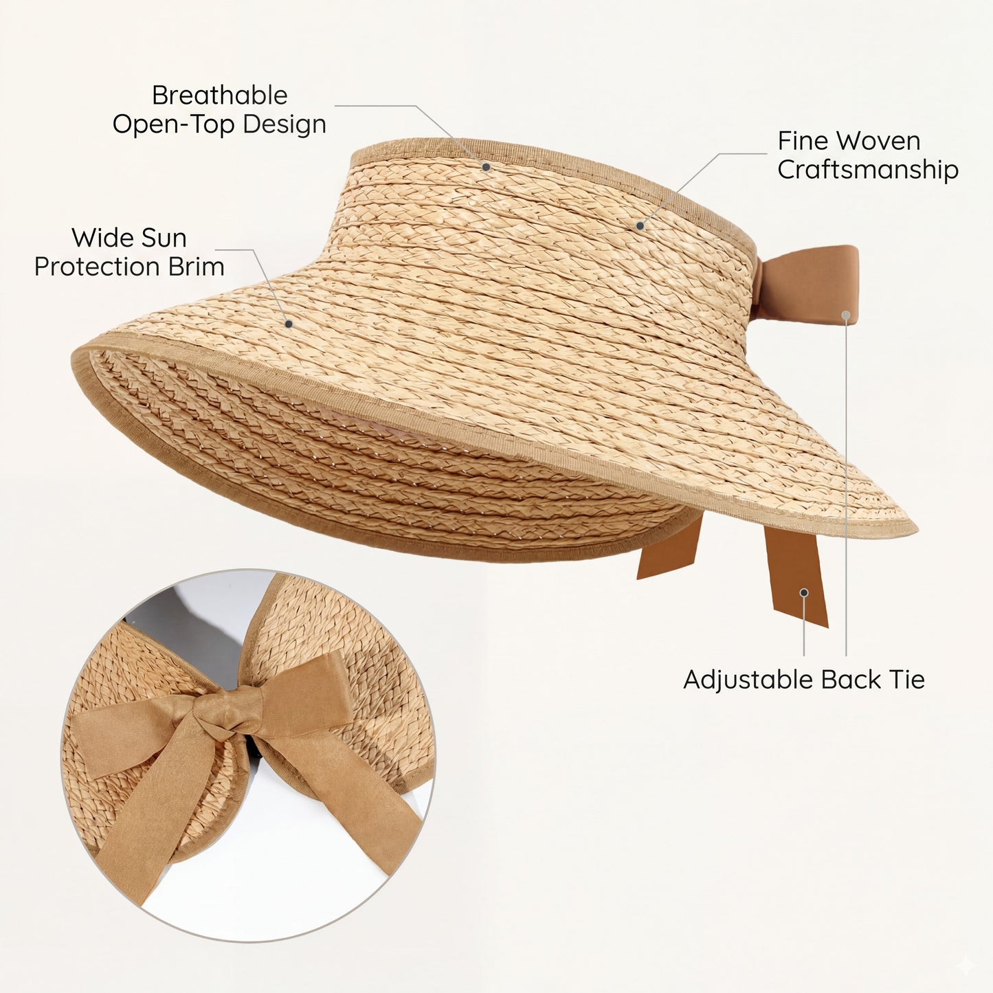 Sombrero de visera solar de paja para mujer