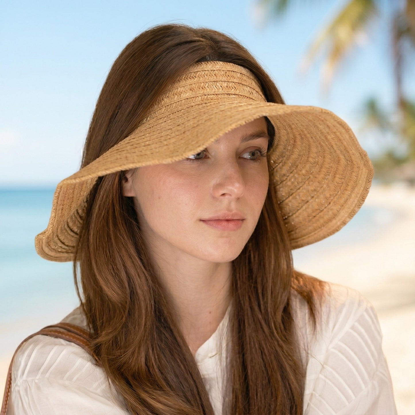 Sombrero de visera solar de paja para mujer, ala ancha, enrollable, empacable, ajustable, tapa abierta, sombrero de verano