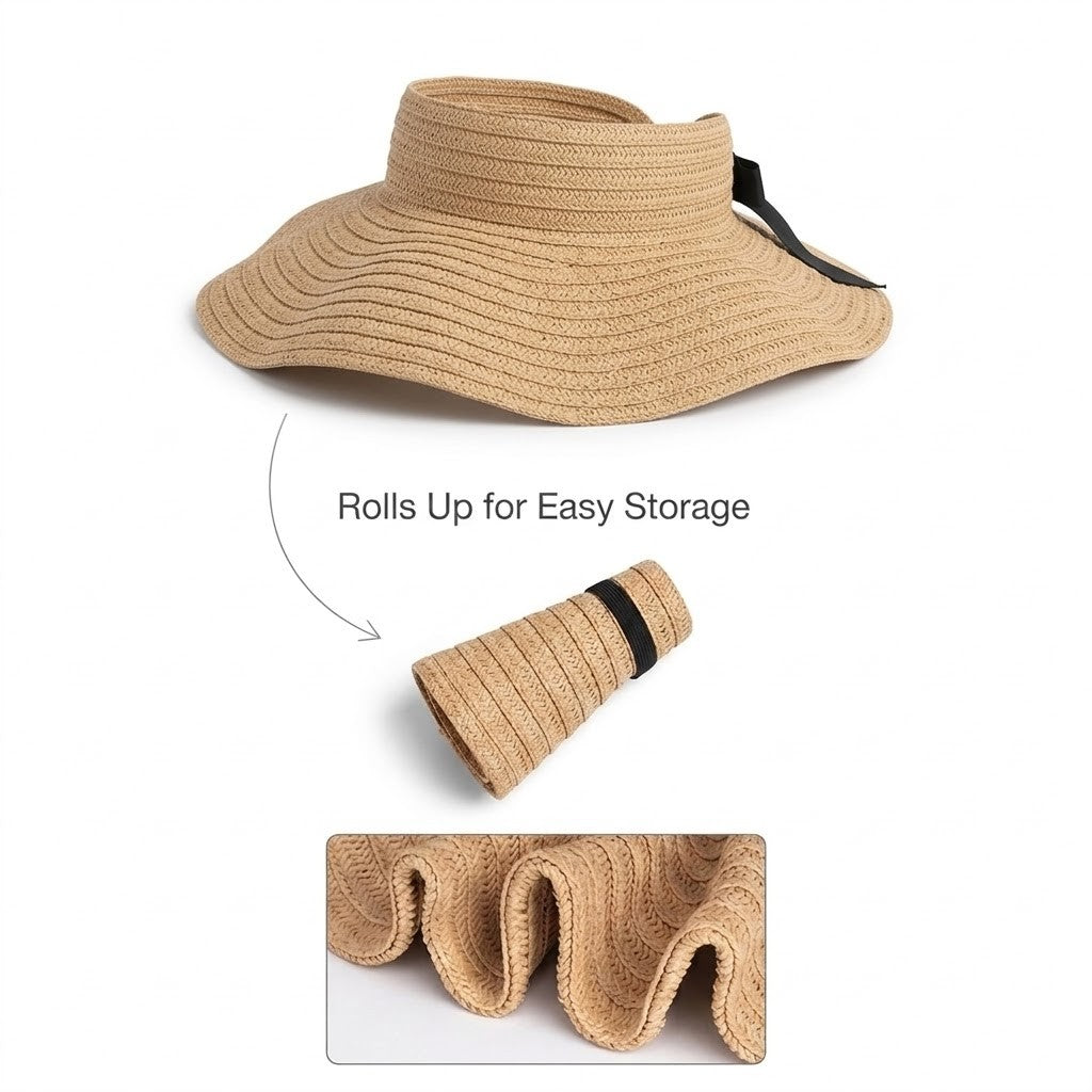 Sombrero de visera solar de paja para mujer, ala ancha, enrollable, empacable, ajustable, tapa abierta, sombrero de verano