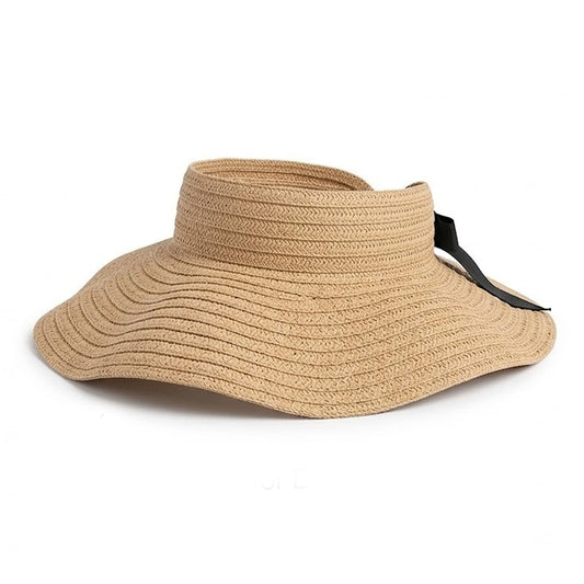 Sombrero de visera solar de paja para mujer, ala ancha, enrollable, empacable, ajustable, tapa abierta, sombrero de verano
