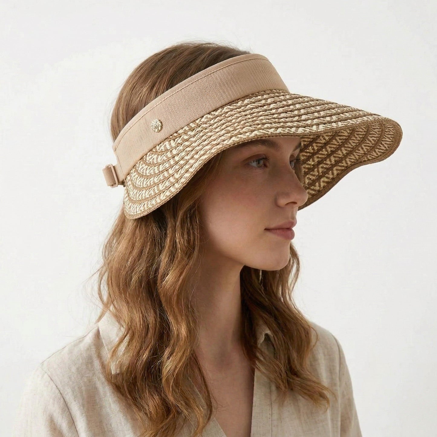 Sombrero de visera solar de paja para mujer, ala ancha, patrón tejido, banda de contraste, sombrero de verano ajustable