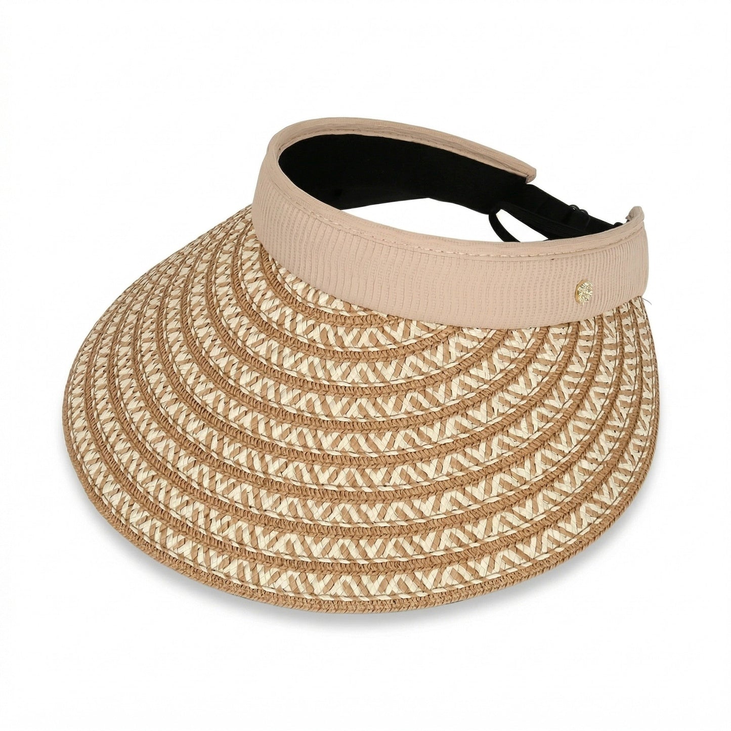 Sombrero de visera solar de paja para mujer, ala ancha, patrón tejido, banda de contraste, sombrero de verano ajustable