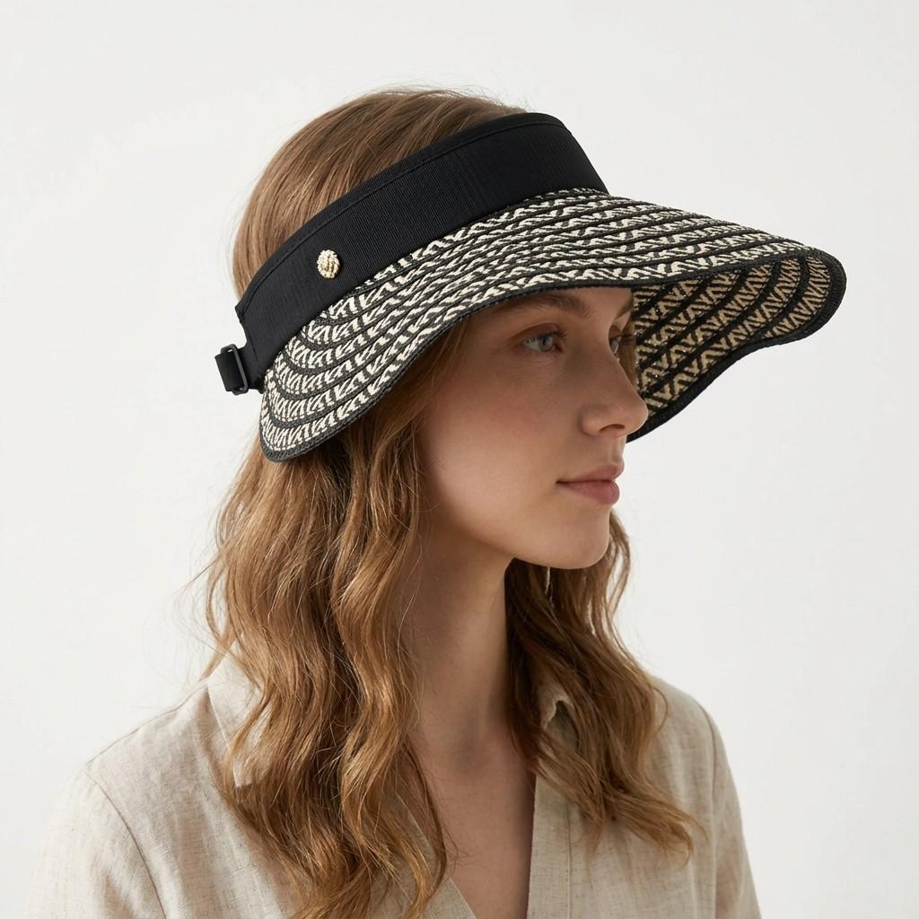 Sombrero de visera solar de paja para mujer, ala ancha, patrón tejido, banda de contraste, sombrero de verano ajustable