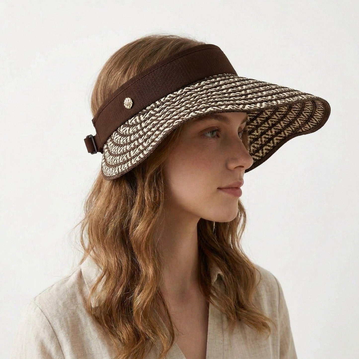 Sombrero de visera solar de paja para mujer, ala ancha, patrón tejido, banda de contraste, sombrero de verano ajustable