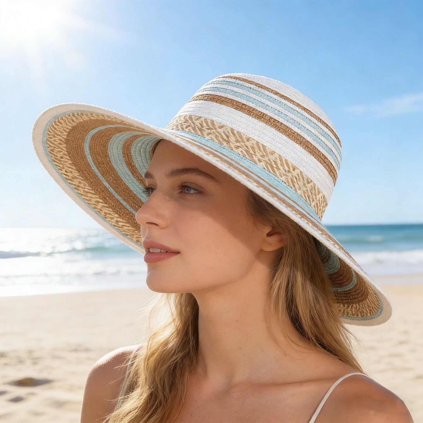 Sombrero de sol de ala ancha para mujer Diseño tejido a rayas Sombrero de verano ligero Estilo clásico Floppy