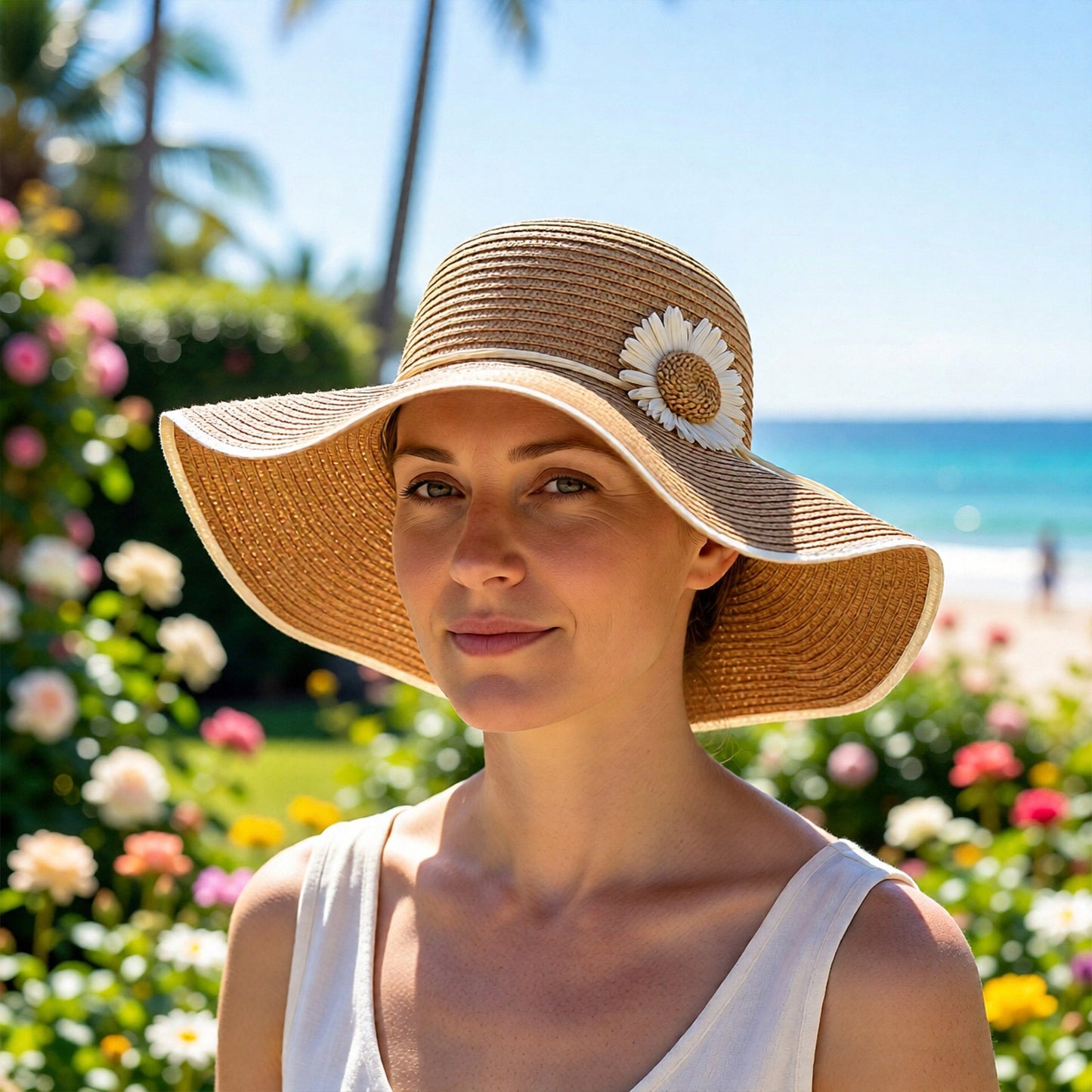 Sombrero de sol de ala ancha para mujer con detalles florales, corte ajustable, elegante sombrero de playa de verano