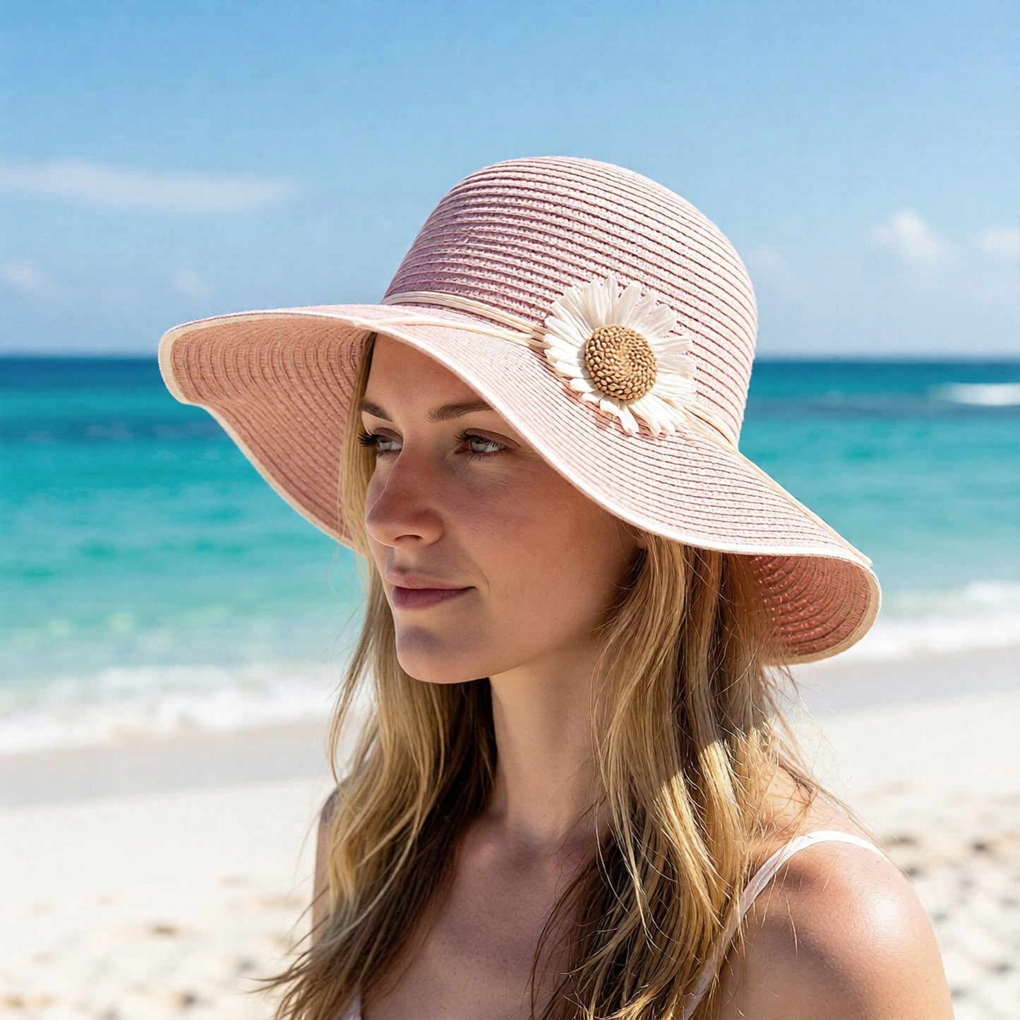 Sombrero de sol de ala ancha para mujer con detalles florales, corte ajustable, elegante sombrero de playa de verano