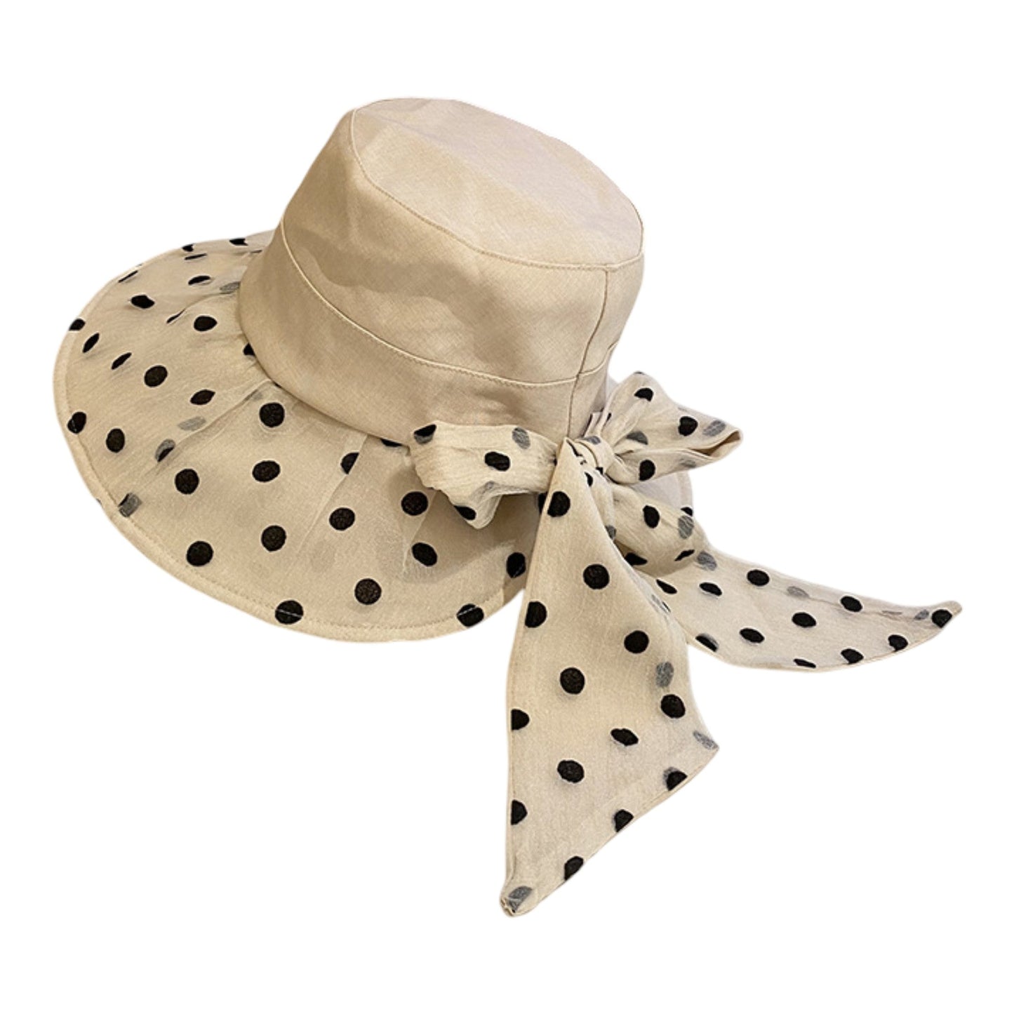 Sombrero de sol de ala ancha de lunares con detalle de lazo Elegante sombrero de cubo de verano