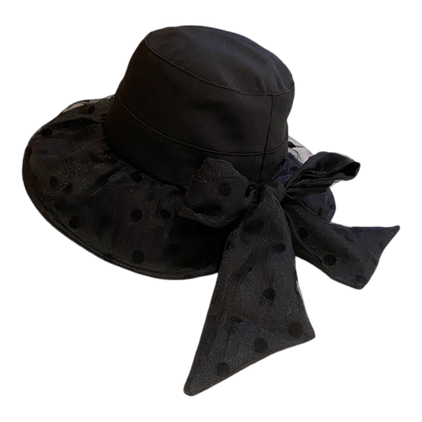 Sombrero de sol de ala ancha de lunares con detalle de lazo Elegante sombrero de cubo de verano