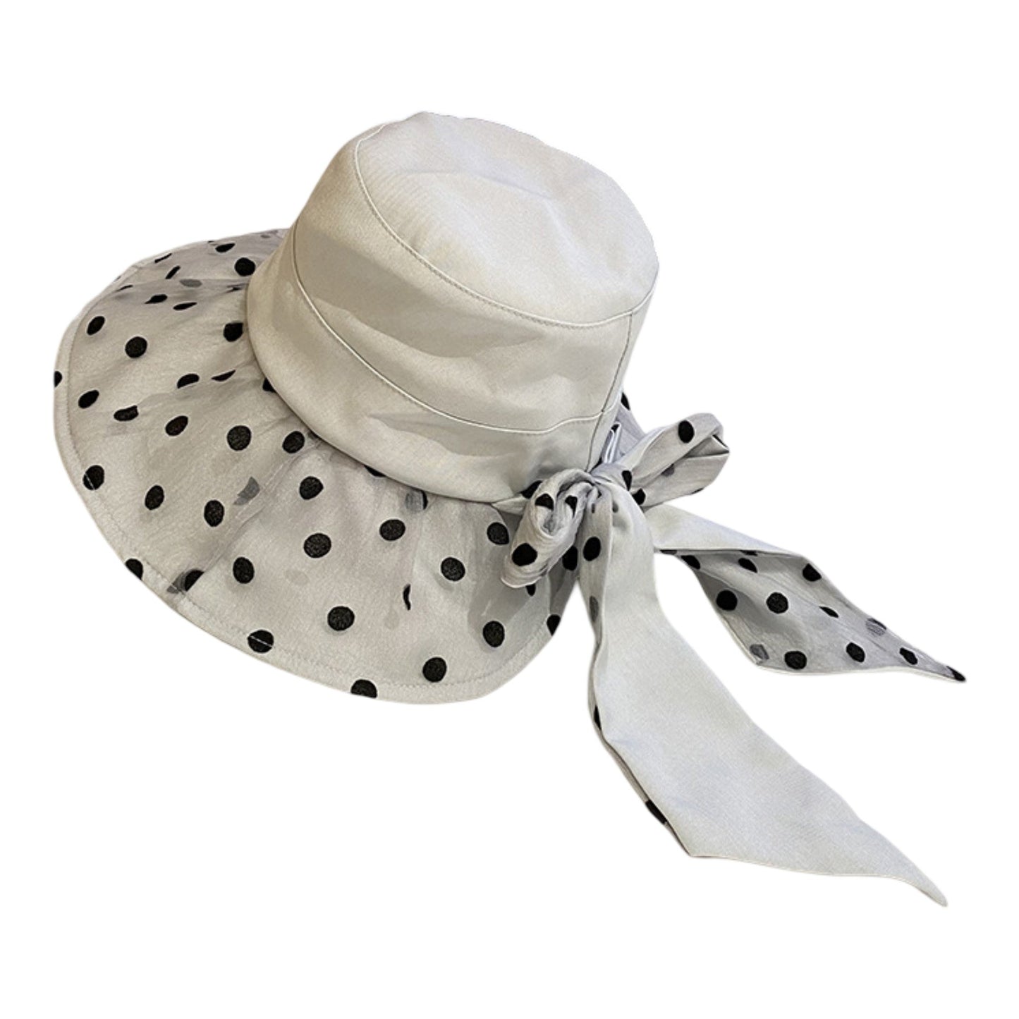 Sombrero de sol de ala ancha de lunares con detalle de lazo Elegante sombrero de cubo de verano