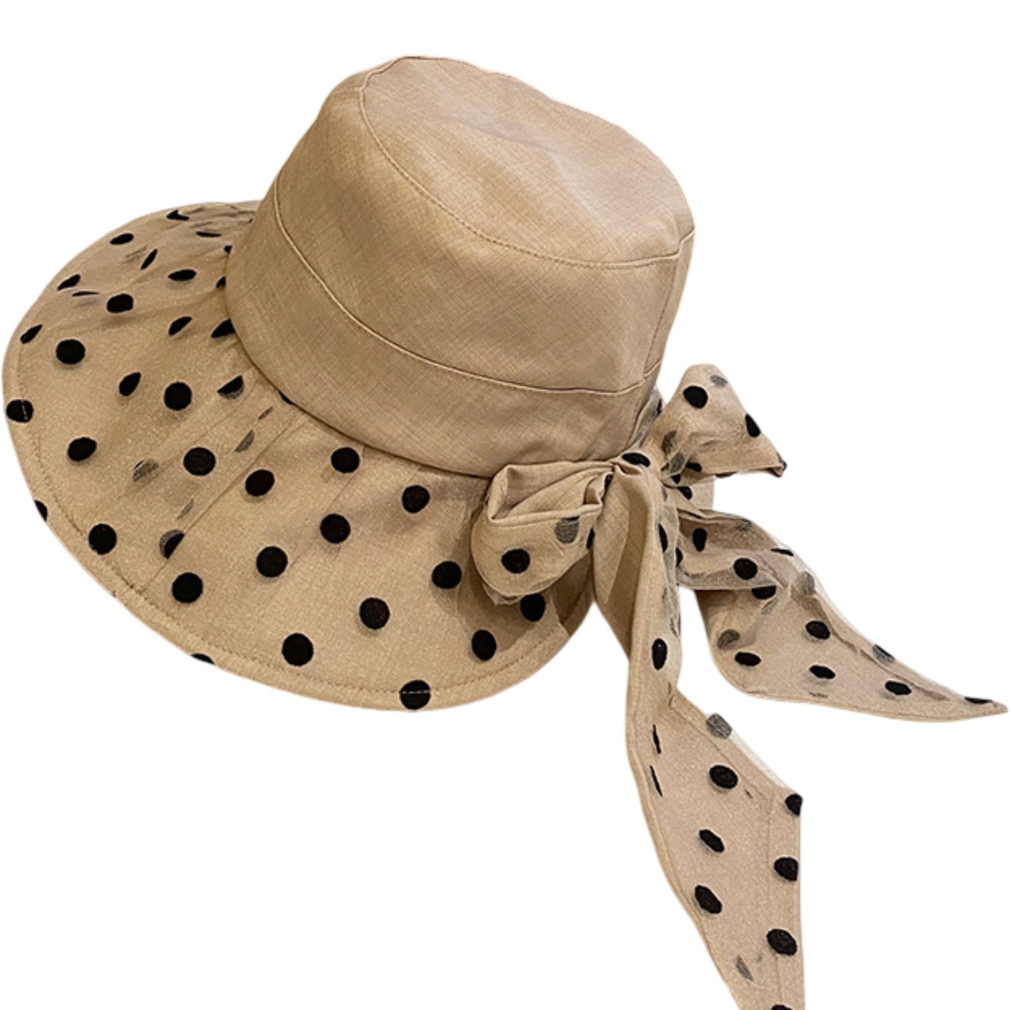 Sombrero de sol de ala ancha de lunares con detalle de lazo Elegante sombrero de cubo de verano