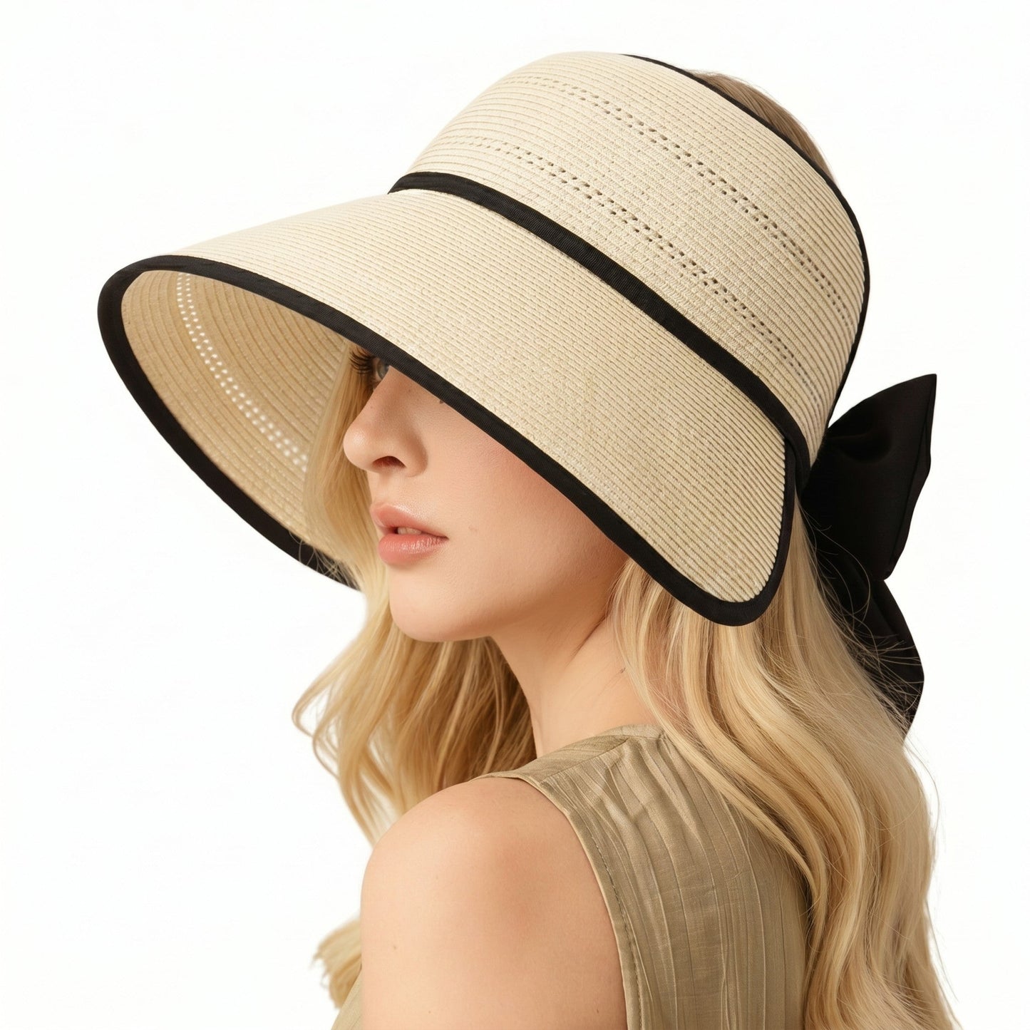 Sombrero de visera de paja de ala ancha para mujer Sombrero de sol de verano plegable transpirable Sombrero de vacaciones en la playa