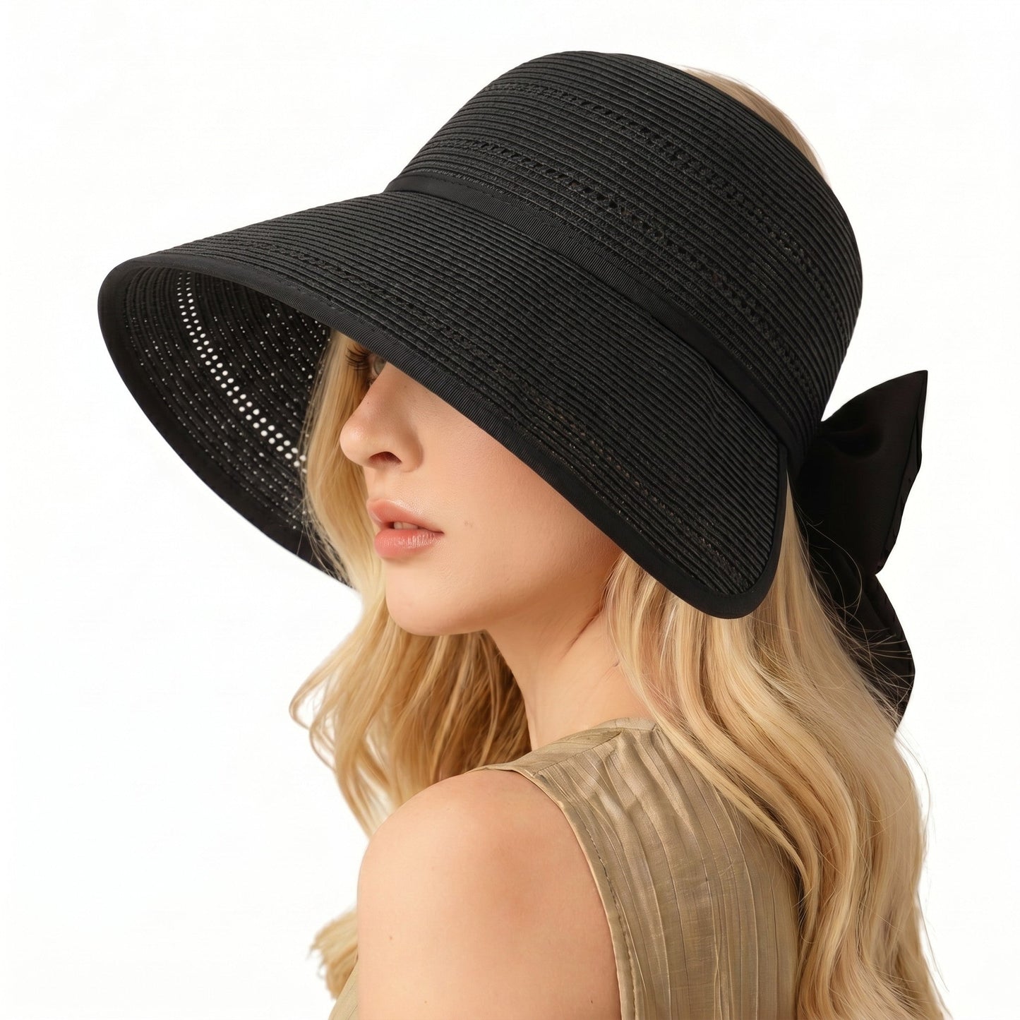 Sombrero de visera de paja de ala ancha para mujer Sombrero de sol de verano plegable transpirable Sombrero de vacaciones en la playa