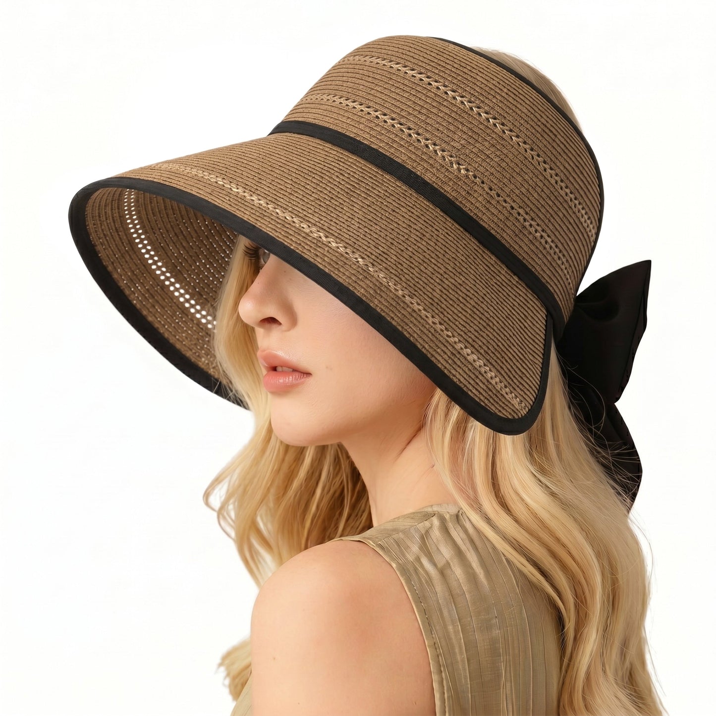 Sombrero de visera de paja de ala ancha para mujer Sombrero de sol de verano plegable transpirable Sombrero de vacaciones en la playa