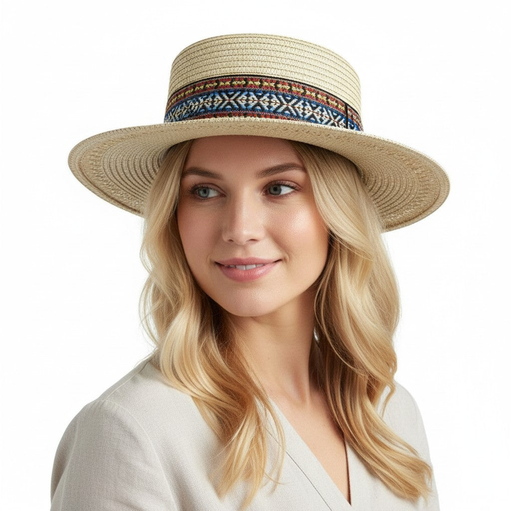 Sombrero de barco de paja para mujer, sombrero de playa de verano de ala ancha, banda tejida, sombrero de sol plano