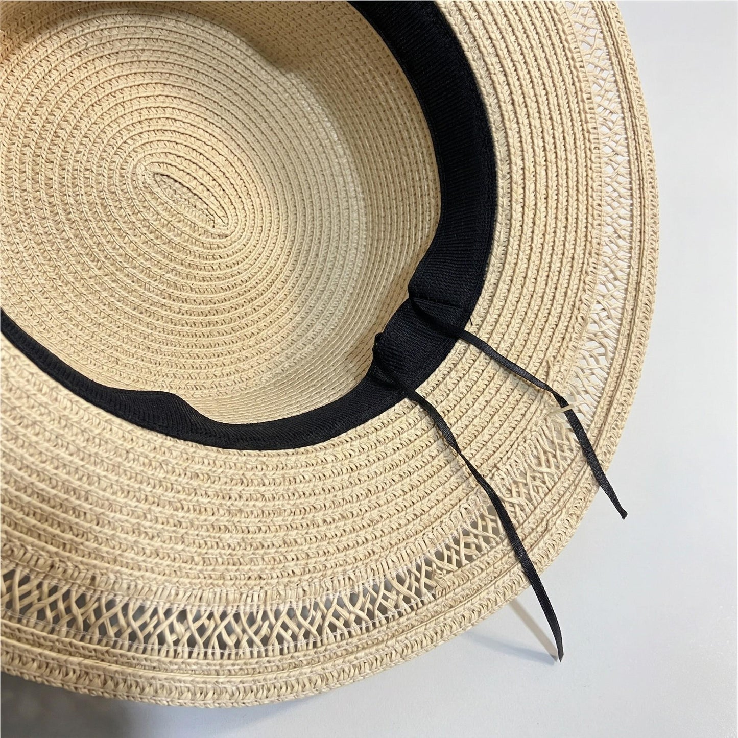 Sombrero de barco de paja para mujer, sombrero de playa de verano de ala ancha, banda tejida, sombrero de sol plano