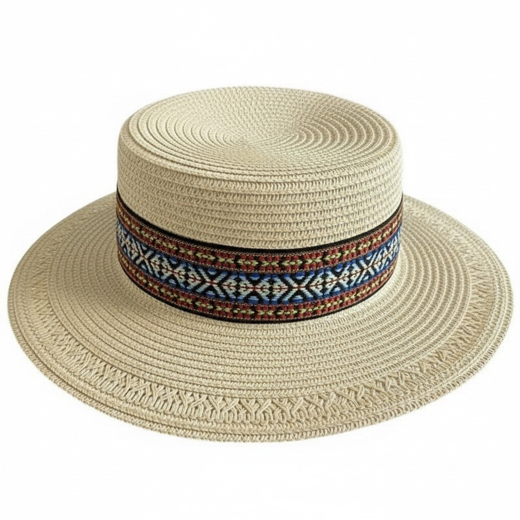 Sombrero de barco de paja para mujer, sombrero de playa de verano de ala ancha, banda tejida, sombrero de sol plano