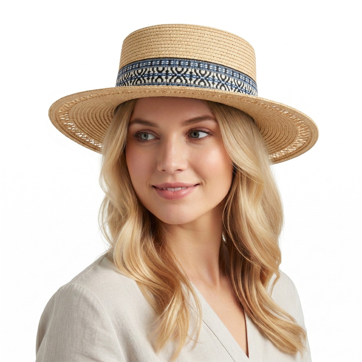 Sombrero de barco de paja para mujer, sombrero de playa de verano de ala ancha, banda tejida, sombrero de sol plano
