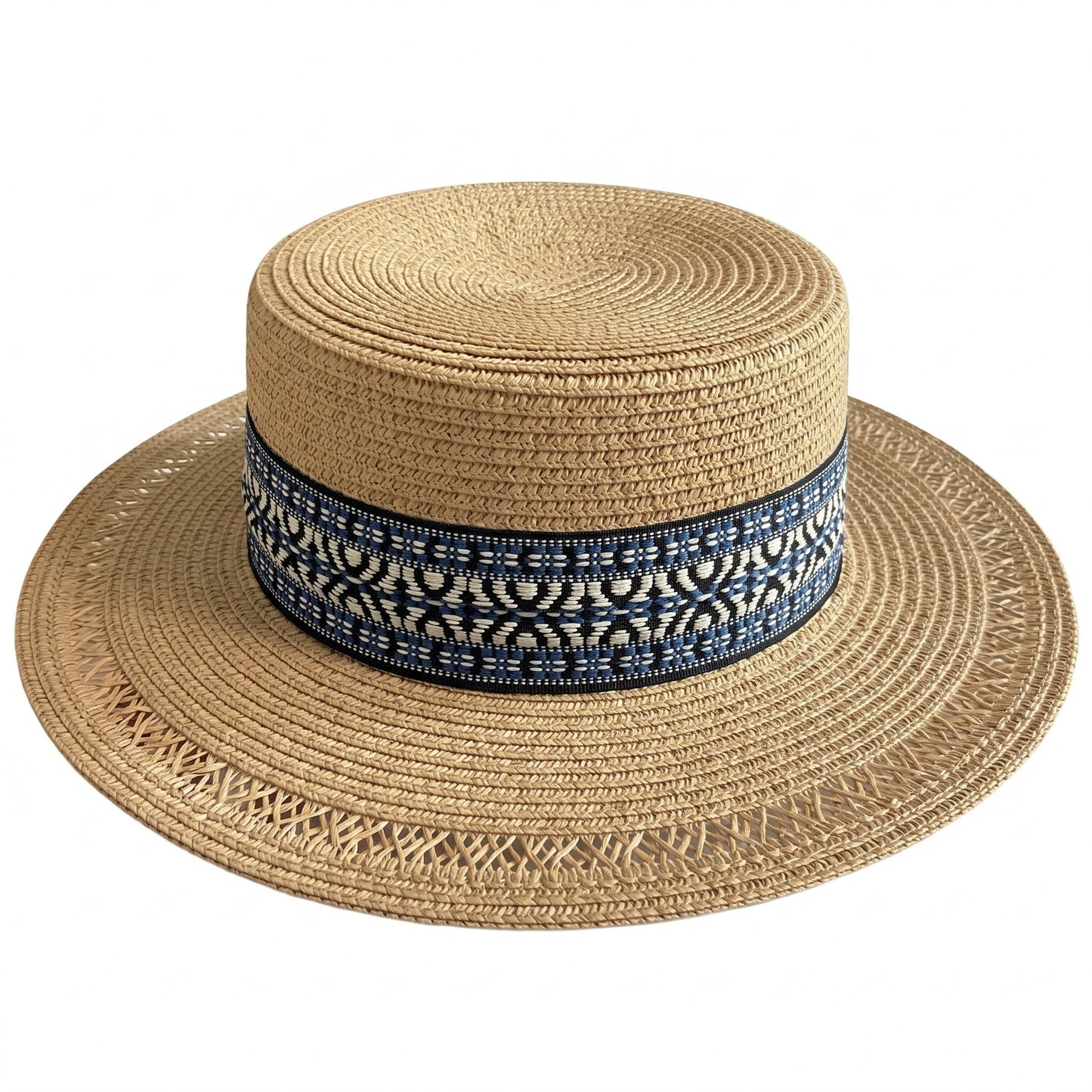 Sombrero de barco de paja para mujer, sombrero de playa de verano de ala ancha, banda tejida, sombrero de sol plano