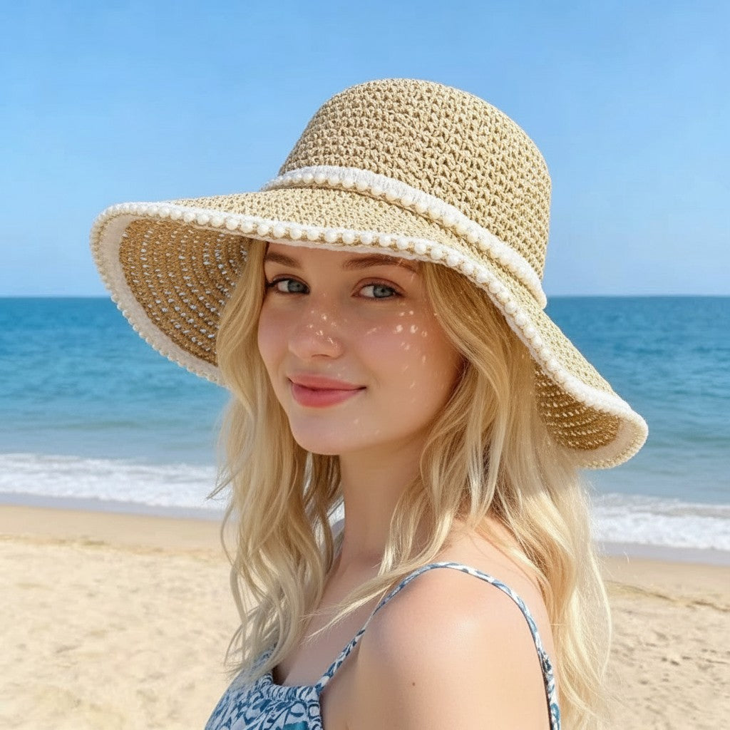 Sombrero de sol de ala ancha para mujer, ribete de tela, vacaciones en la playa, protección UV, sombrero de verano