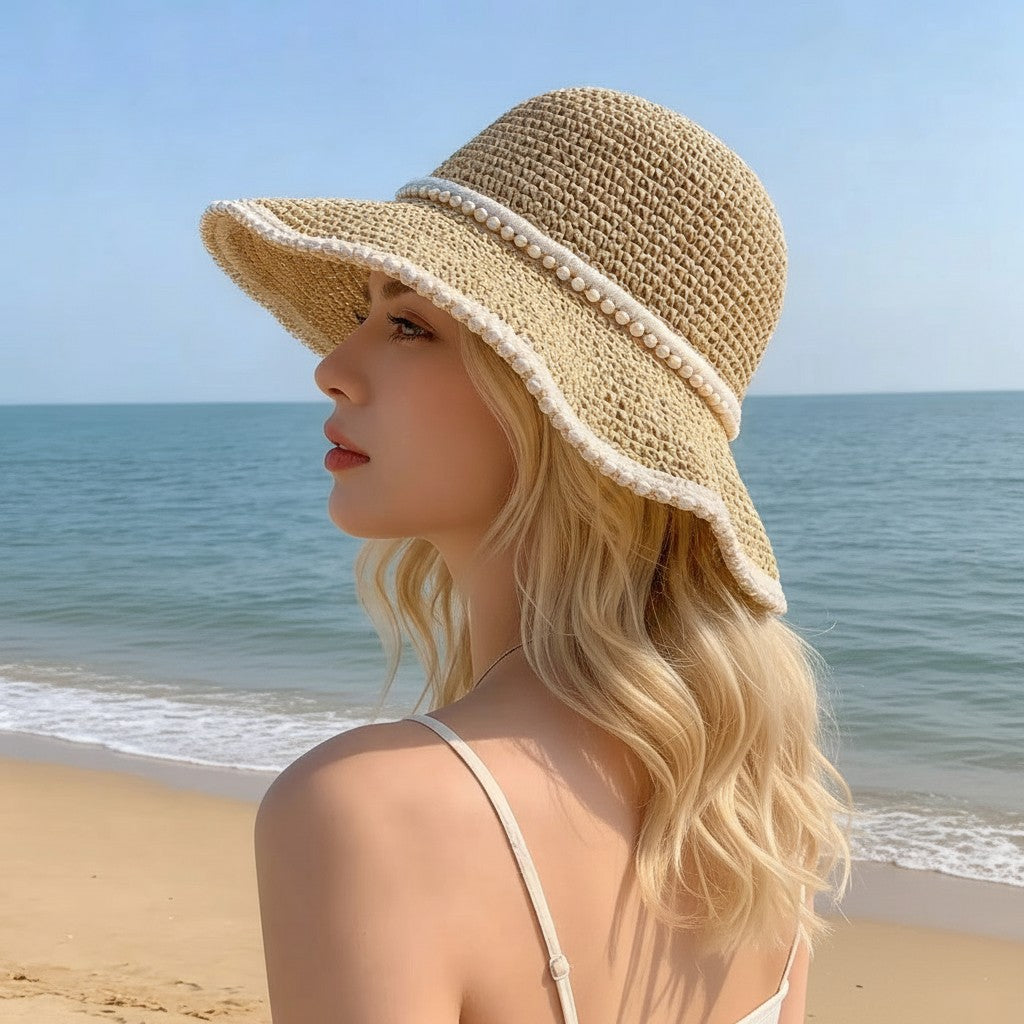 Sombrero de sol de ala ancha para mujer, ribete de tela, vacaciones en la playa, protección UV, sombrero de verano