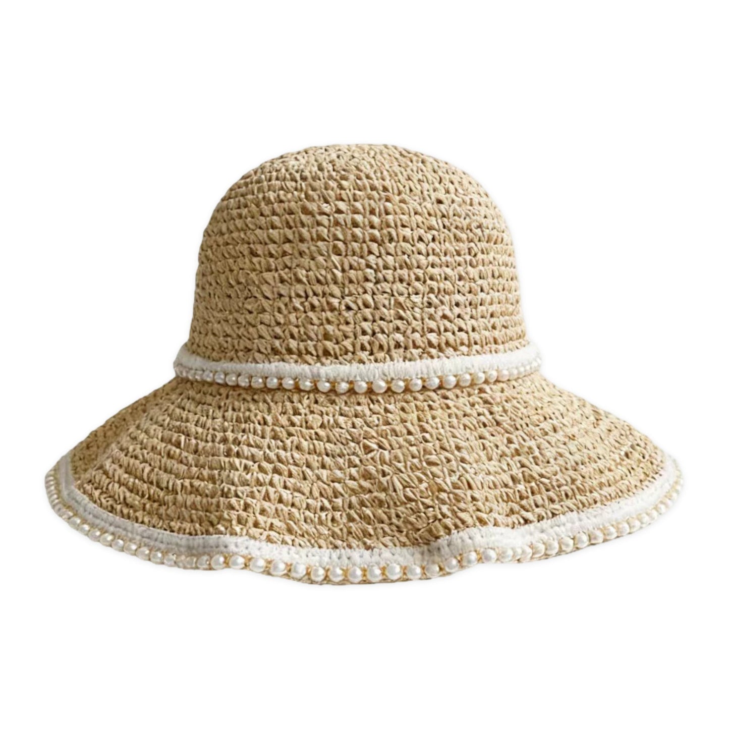 Sombrero de sol de ala ancha para mujer, ribete de tela, vacaciones en la playa, protección UV, sombrero de verano