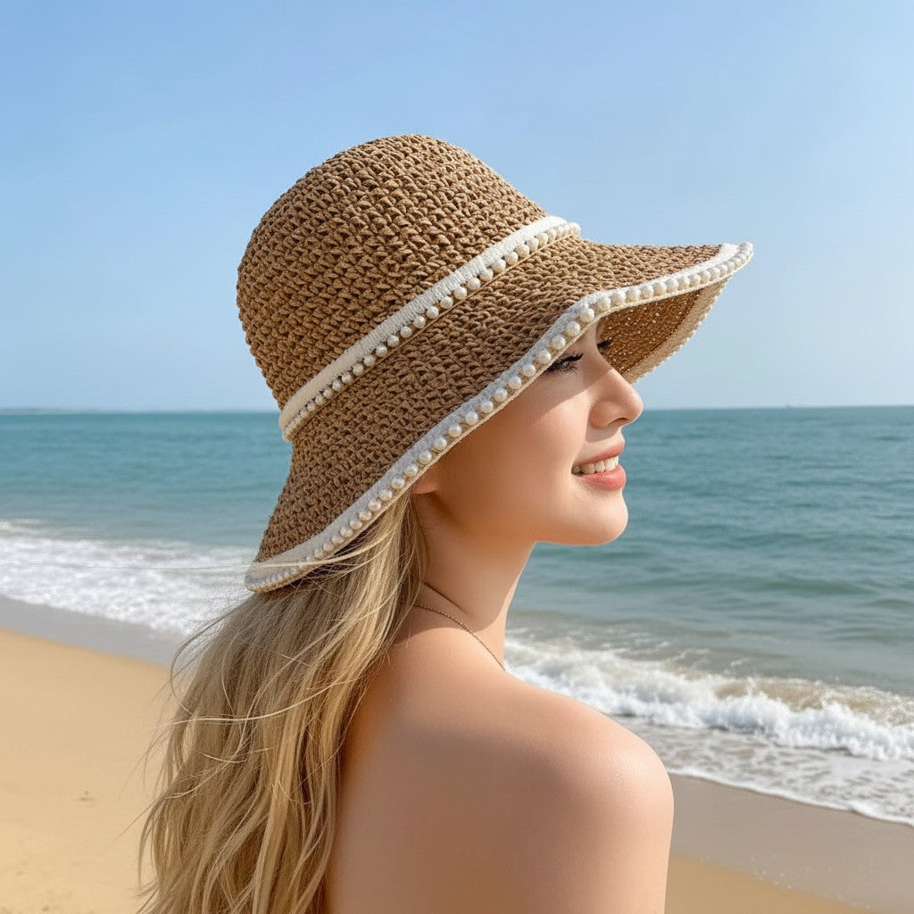 Sombrero de sol de ala ancha para mujer, ribete de tela, vacaciones en la playa, protección UV, sombrero de verano