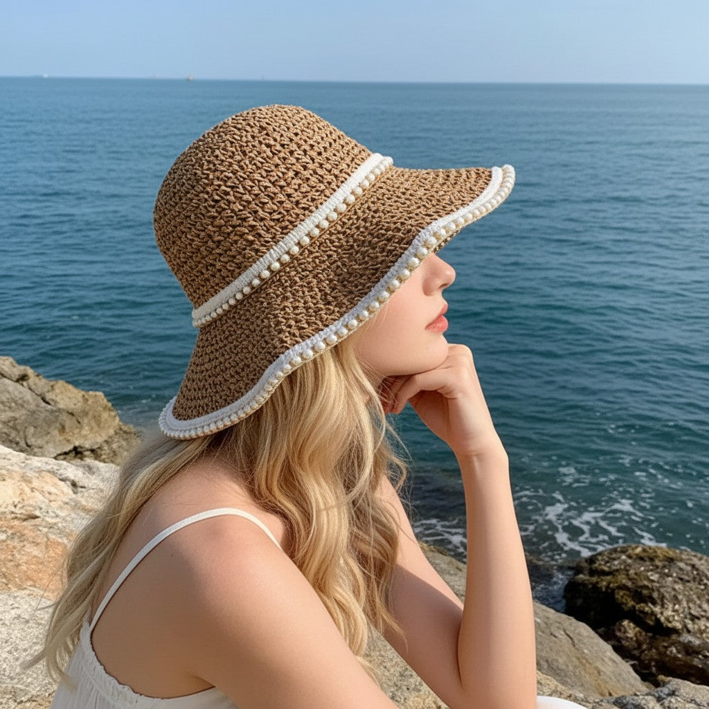 Sombrero de sol de ala ancha para mujer, ribete de tela, vacaciones en la playa, protección UV, sombrero de verano