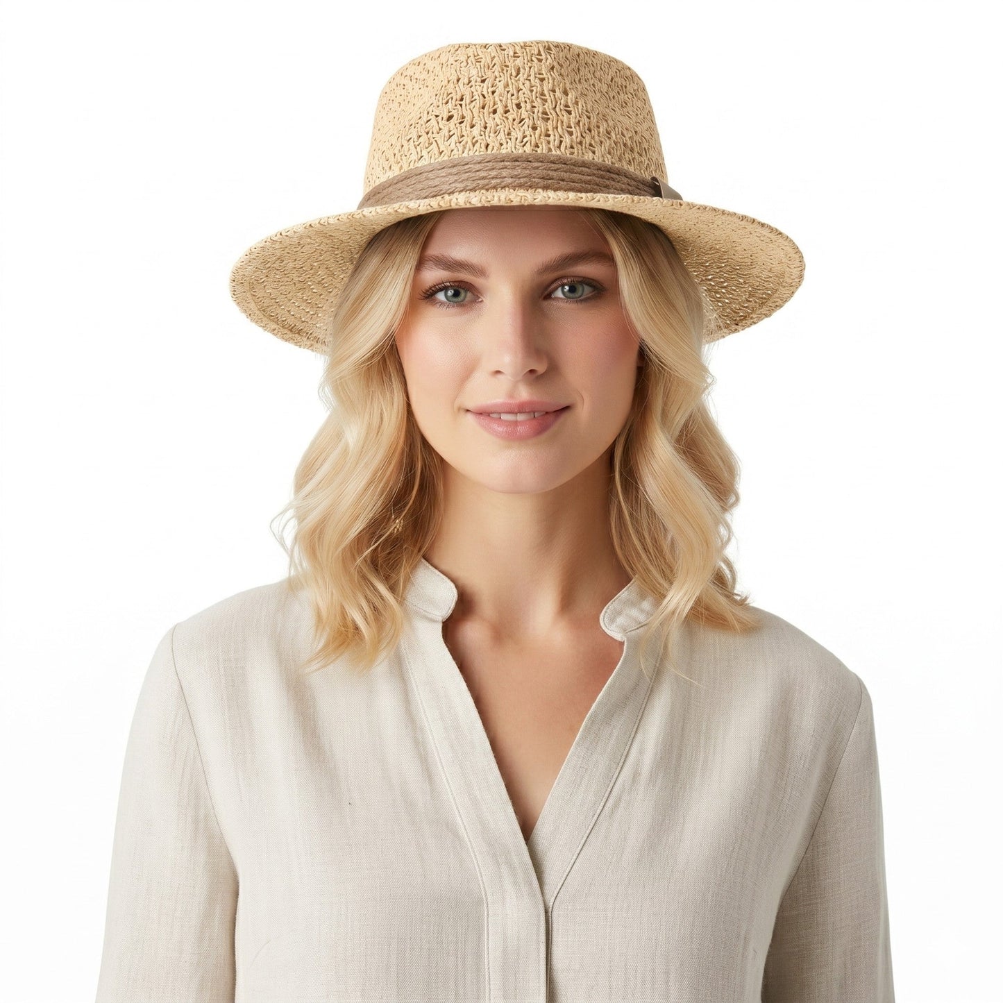 Sombrero de barco de paja con tapa plana para mujer, ala ancha, verano, vacaciones en la playa, sombrero de sol