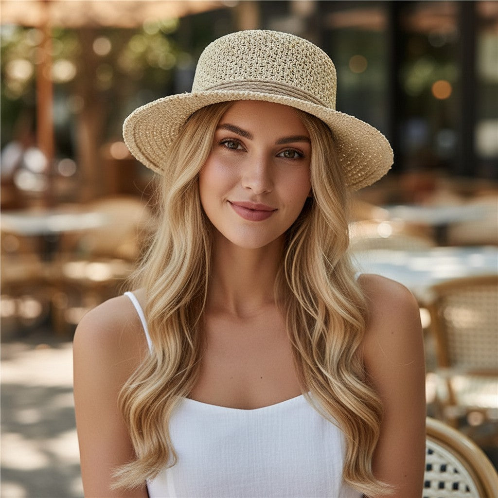 Sombrero de barco de paja con tapa plana para mujer, ala ancha, verano, vacaciones en la playa, sombrero de sol