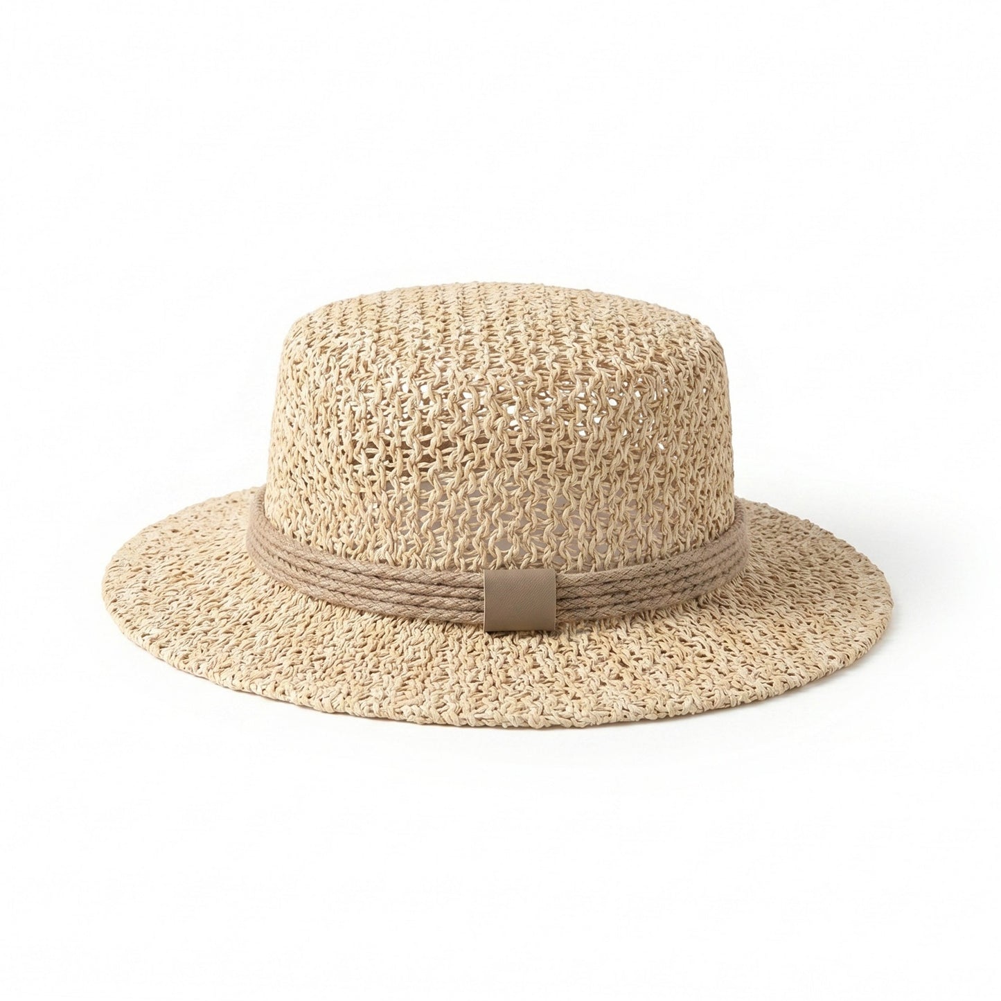 Sombrero de barco de paja con tapa plana para mujer, ala ancha, verano, vacaciones en la playa, sombrero de sol