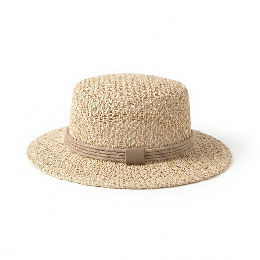 Sombrero de barco de paja con tapa plana para mujer, ala ancha, verano, vacaciones en la playa, sombrero de sol