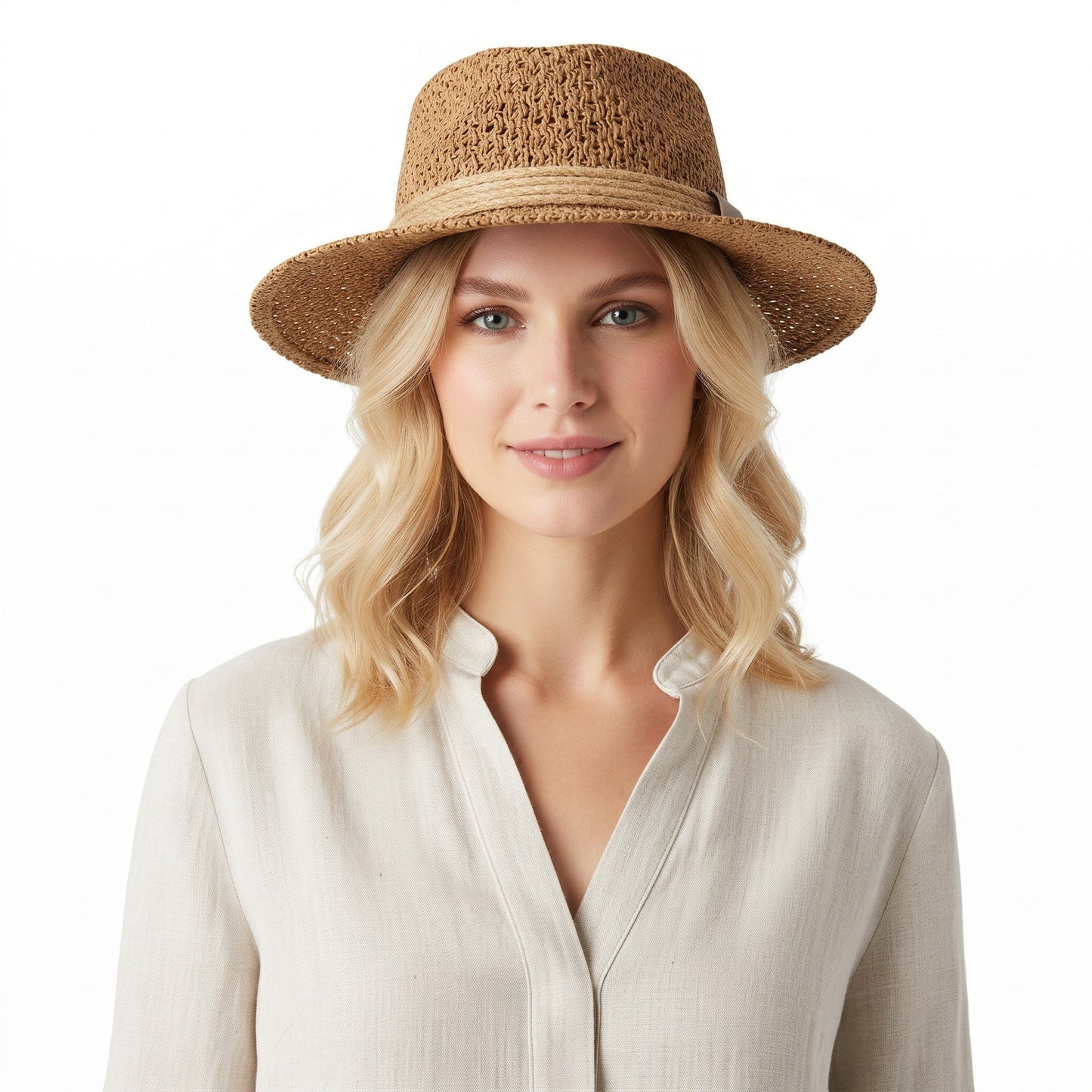 Sombrero de barco de paja con tapa plana para mujer, ala ancha, verano, vacaciones en la playa, sombrero de sol