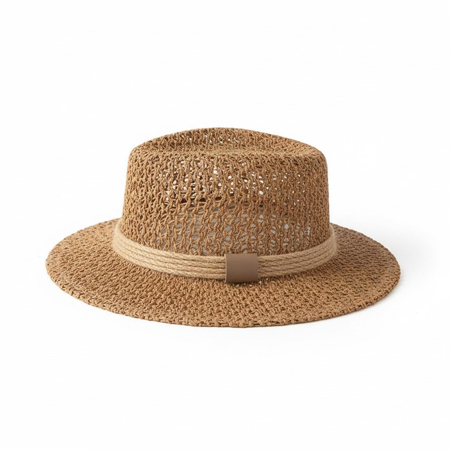 Sombrero de barco de paja con tapa plana para mujer, ala ancha, verano, vacaciones en la playa, sombrero de sol
